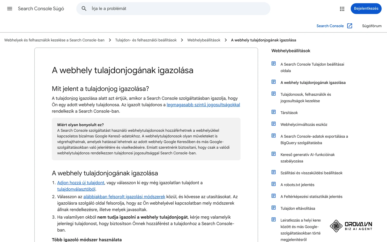 A Search Console Súgó magyar oldala: A webhely tulajdonjogának igazolása, a tulajdon hozzáadásának és az igazolási módszer kiválasztásának lépéseivel.
