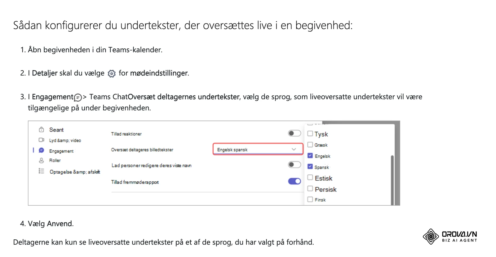 Hjælpeside til Microsoft Teams: mødeindstillingen, hvor du tilføjer sprog til liveoversatte undertekster.