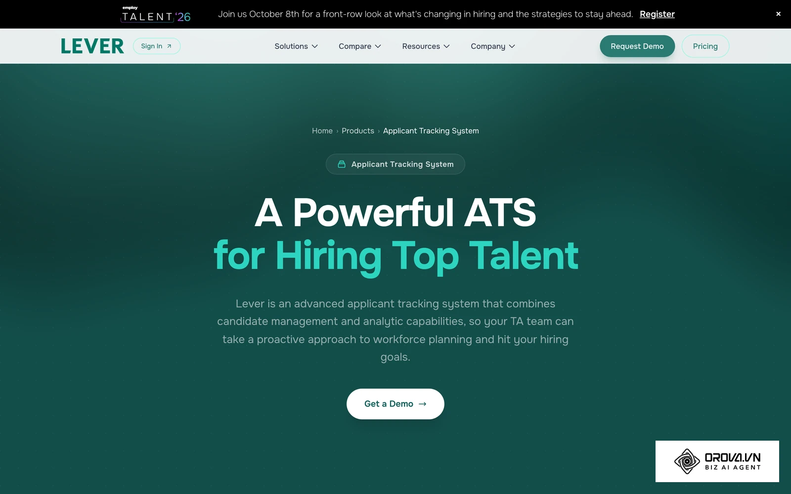 A standalone ATS product page focused on candidate management and recruiting analytics.
