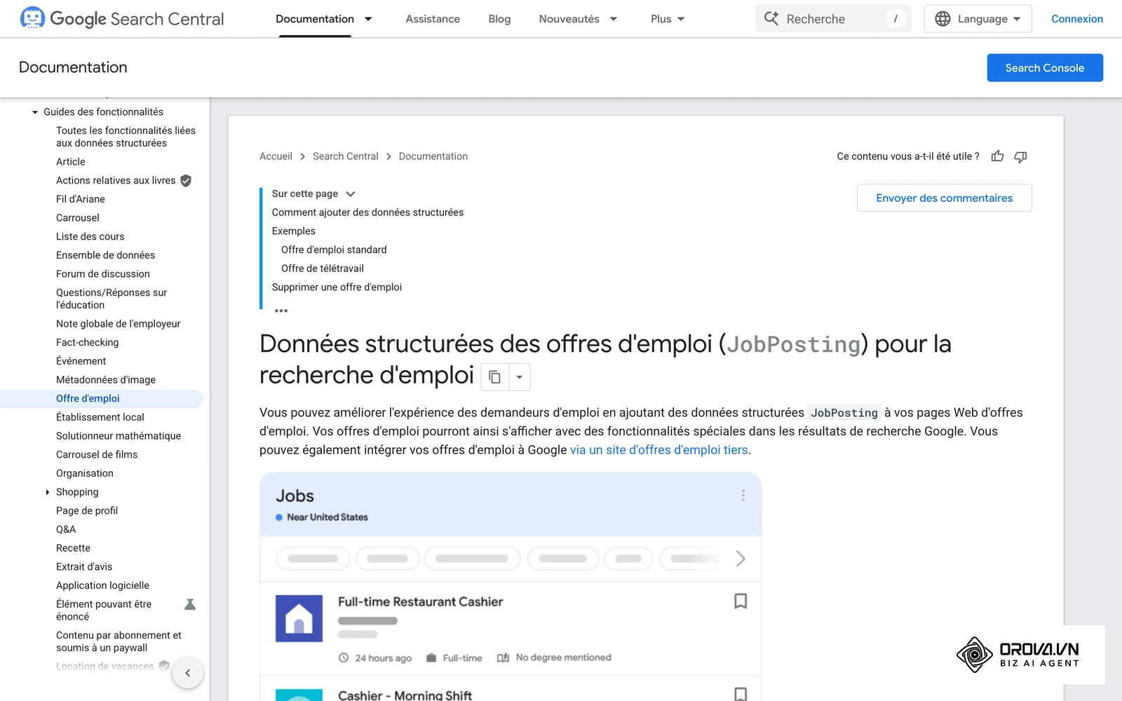Documentation Google Search Central sur les données structurées JobPosting, avec l'aperçu d'une offre dans la recherche d'emploi Google.