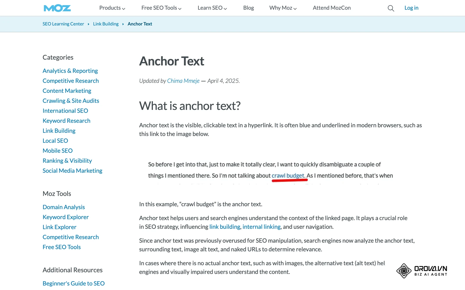 Trang của Moz về chữ neo (anchor text), phần cần chú ý khi gắn link giữa trang trụ cột và bài con.