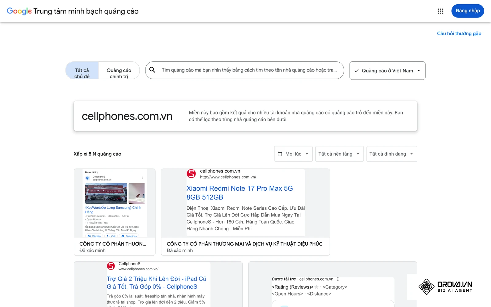 Trung tâm minh bạch quảng cáo của Google (khu vực Việt Nam): quảng cáo thật của CellphoneS, có cả mẫu Tìm kiếm lẫn mẫu kèm vị trí cửa hàng, ví dụ cho việc một nhà bán lẻ xuất hiện trên nhiều bề mặt của Google như Performance Max.