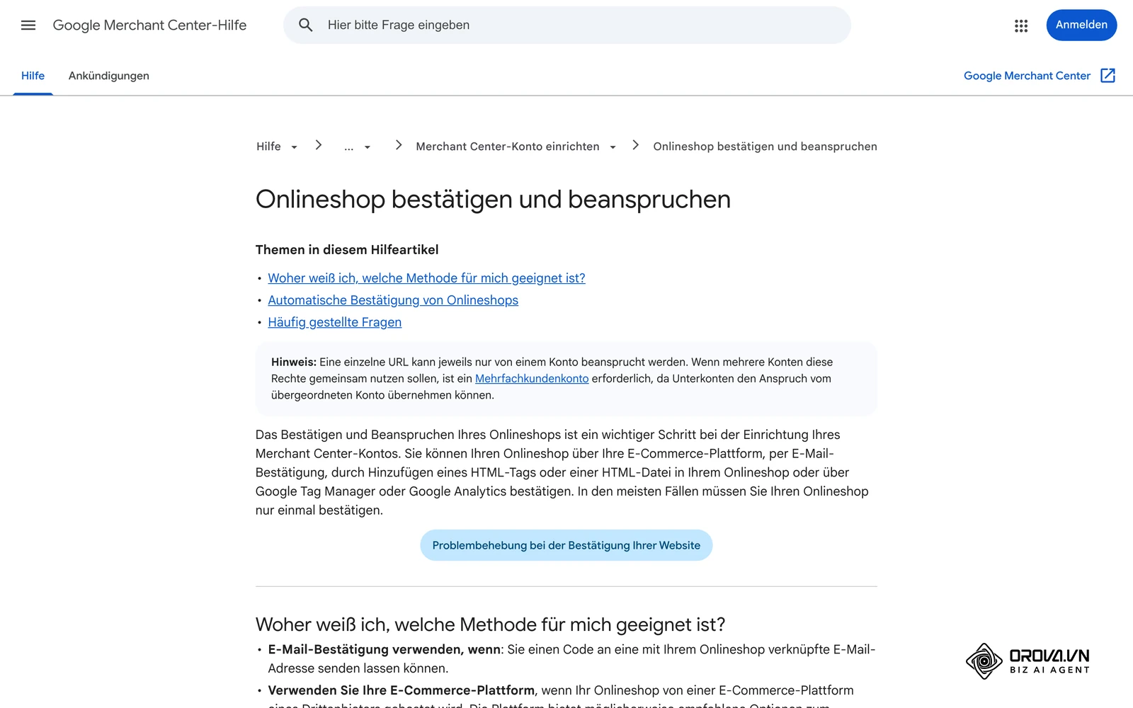 Merchant Center-Hilfe: Onlineshop bestätigen und beanspruchen, mit den verfügbaren Bestätigungsmethoden.
