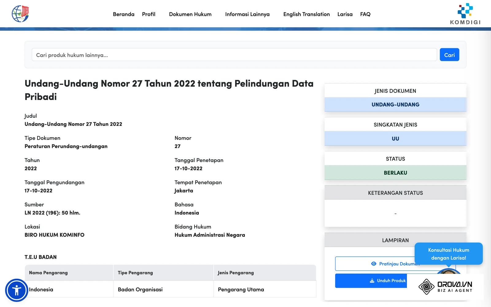 Halaman resmi JDIH Kementerian Komunikasi dan Digital untuk Undang-Undang Nomor 27 Tahun 2022 tentang Pelindungan Data Pribadi, rujukan saat menyimpan dan memproses CV pelamar.