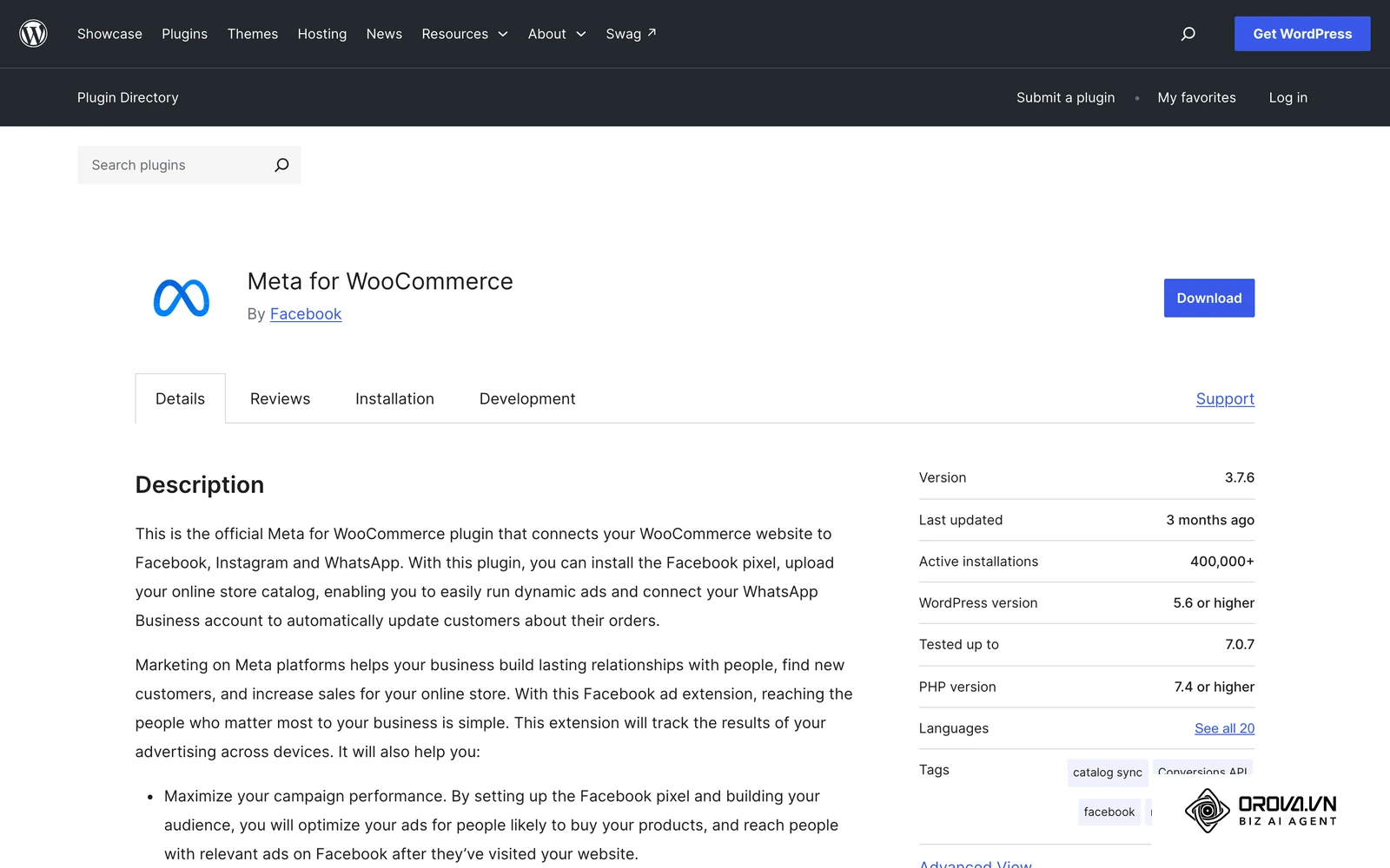 The Meta for WooCommerce plugin page shows how online stores sync product catalogs and events for ads built in Ads Manager.