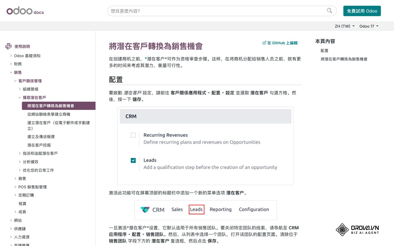 Odoo CRM 官方文件截圖：在 CRM 設定中啟用潛在客戶後，線索先經審查再轉為商機