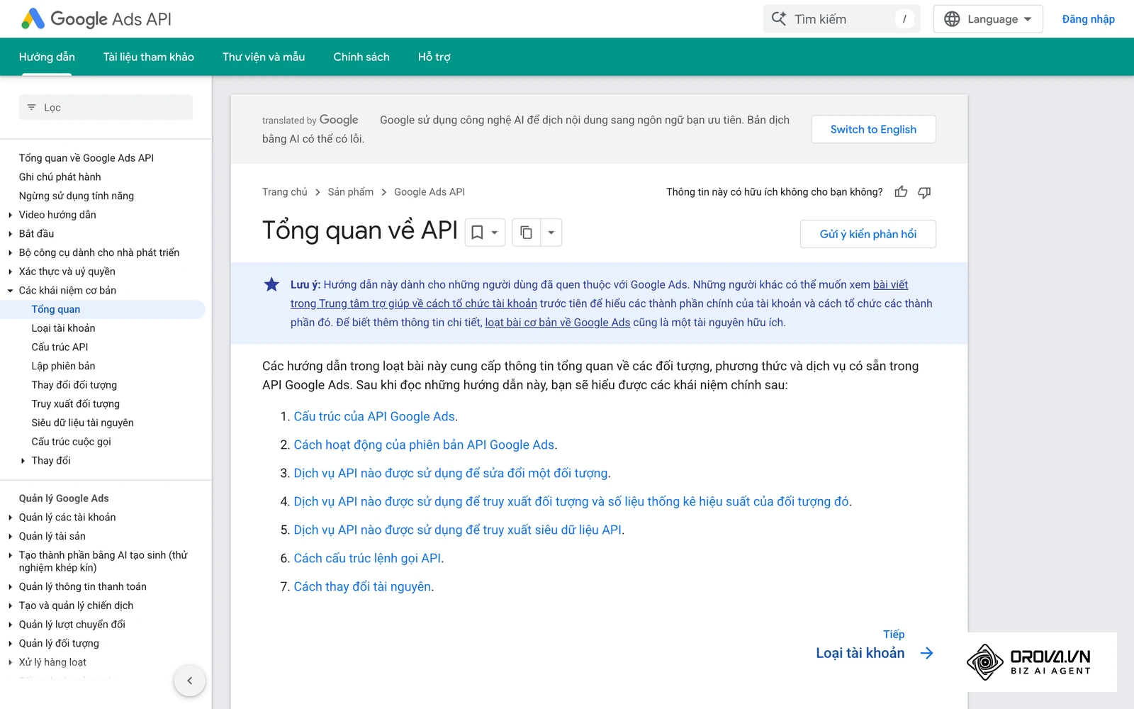 Tài liệu khái niệm của Google Ads mô tả cấu trúc tài khoản, chiến dịch và nhóm quảng cáo mà một trình quản lý quảng cáo vận hành.