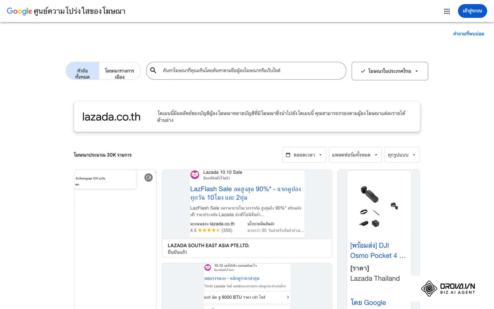 ศูนย์ความโปร่งใสด้านโฆษณาของ Google (ภูมิภาคประเทศไทย) แสดงโฆษณาจริงของ Lazada ที่เผยแพร่ผ่าน Google Search, YouTube และ Display
