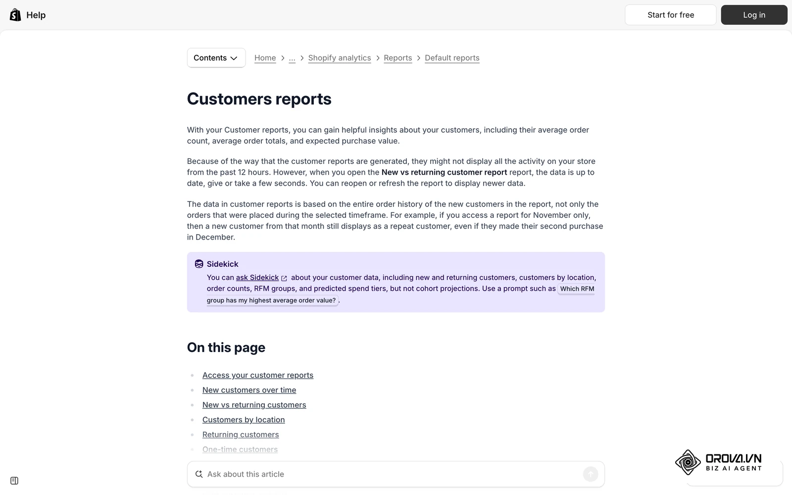 Shopify Help Center page on customer reports, where order counts and repeat purchase data for a D2C model usually start.