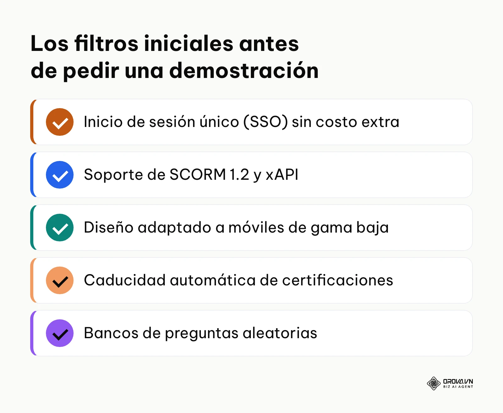 Lista de viñetas con los requisitos mínimos viables que un proveedor debe cumplir.