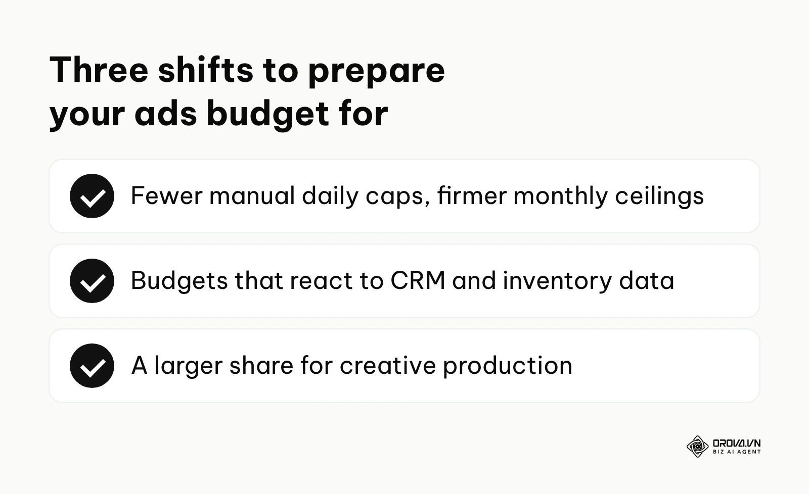 Summary of three shifts in how ads budgets are likely to be managed.