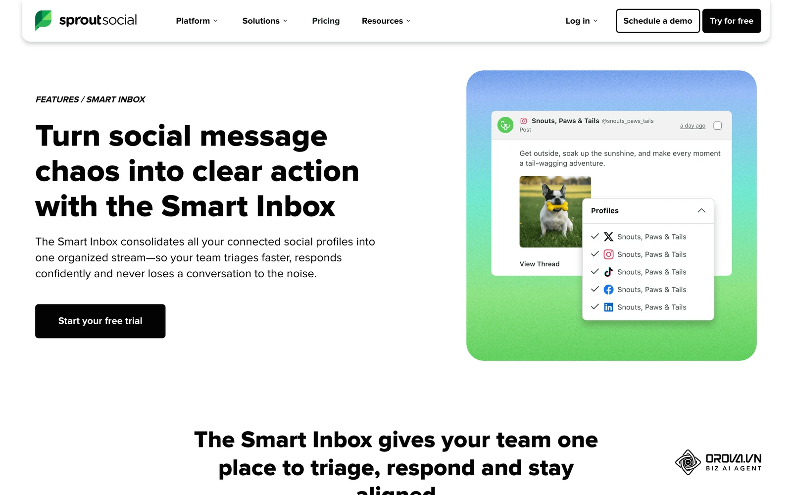 Sprout Social's Smart Inbox page describes one feed for incoming messages from connected networks.
