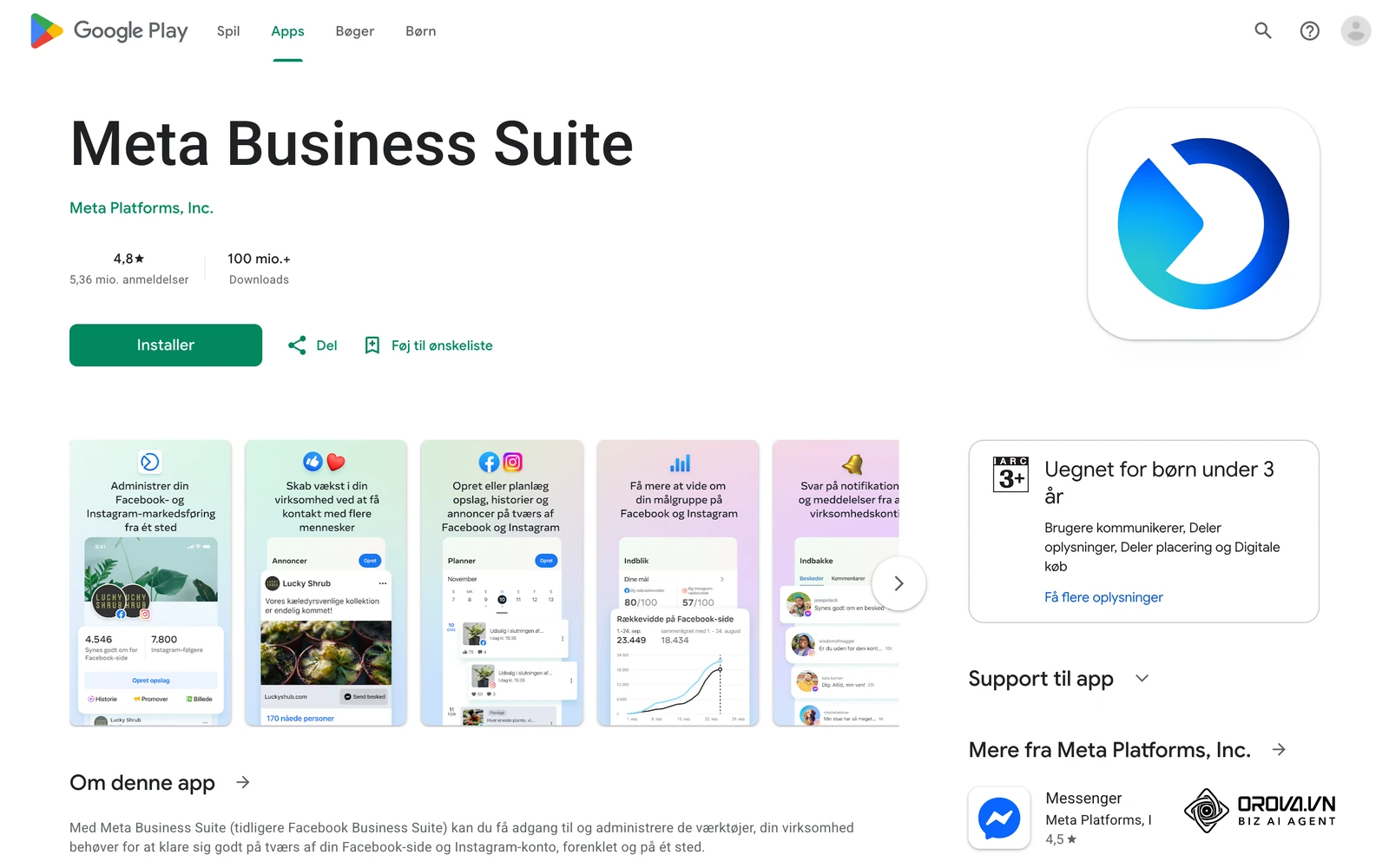 Meta Business Suites officielle side på Google Play: skærmbillederne viser appens kalender til planlagte opslag.