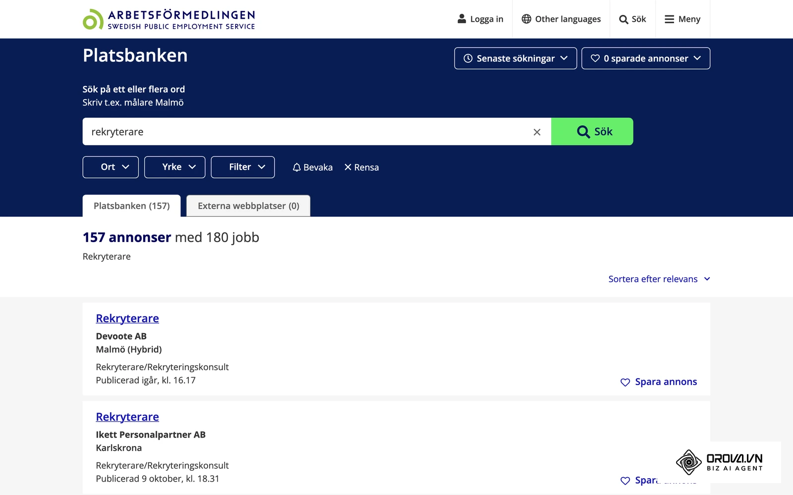 Platsbanken hos Arbetsförmedlingen med sökresultat för ”rekryterare” – så ser listan över publicerade platsannonser ut för den som söker jobb i Sverige.