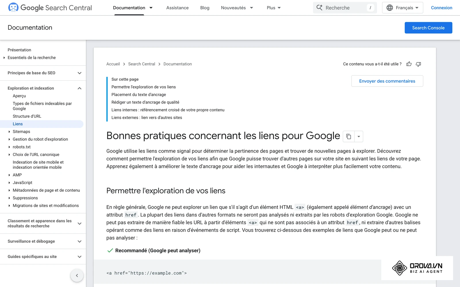 Page Google Search Central sur les liens explorables et la rédaction de textes d'ancrage descriptifs.