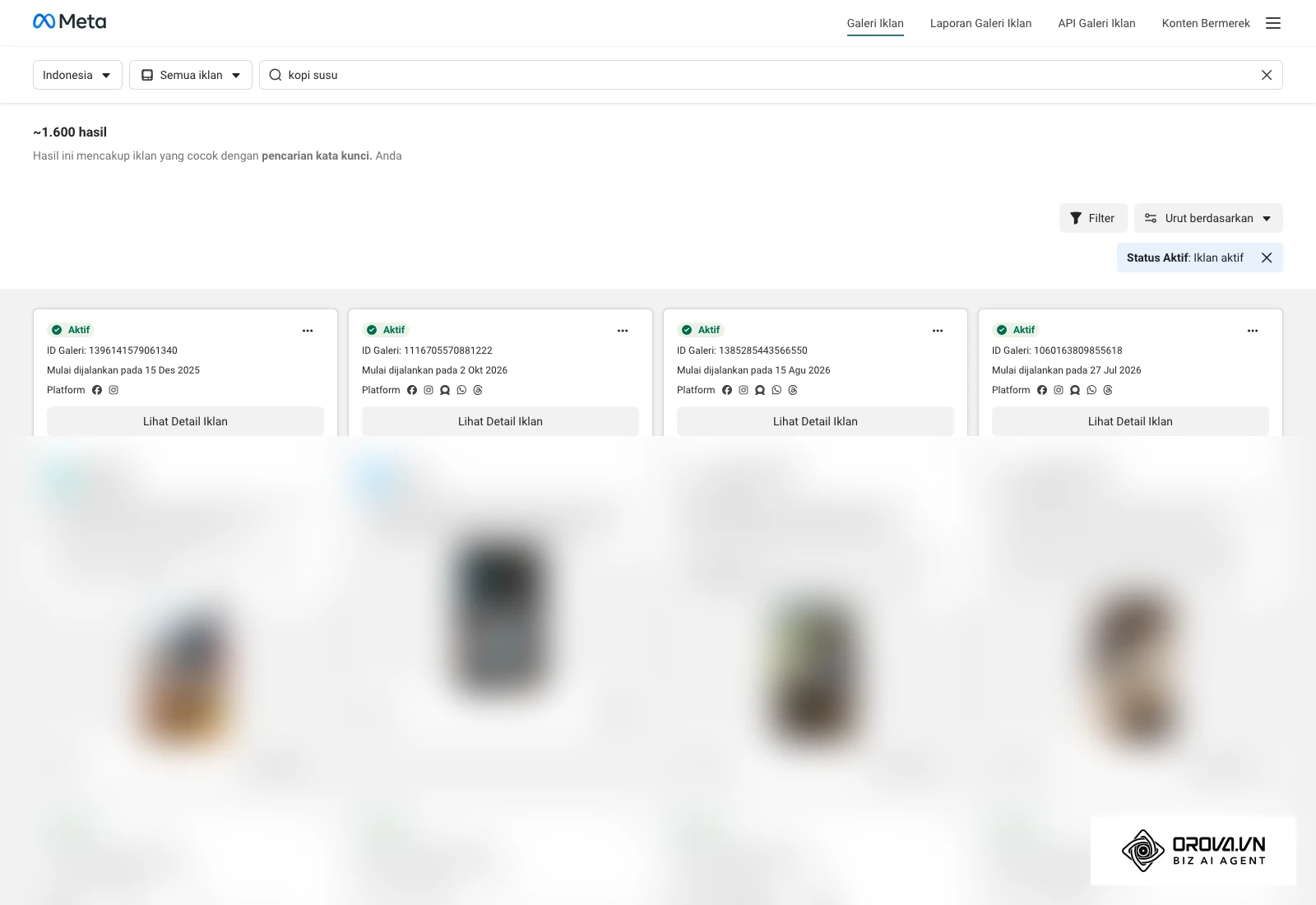 Hasil pencarian kata kunci kopi susu untuk Indonesia di Galeri Iklan Meta: jumlah hasil, tombol Filter, Urut berdasarkan, dan kartu dengan label Aktif, ID Galeri, tanggal mulai, Platform, Lihat Detail Iklan