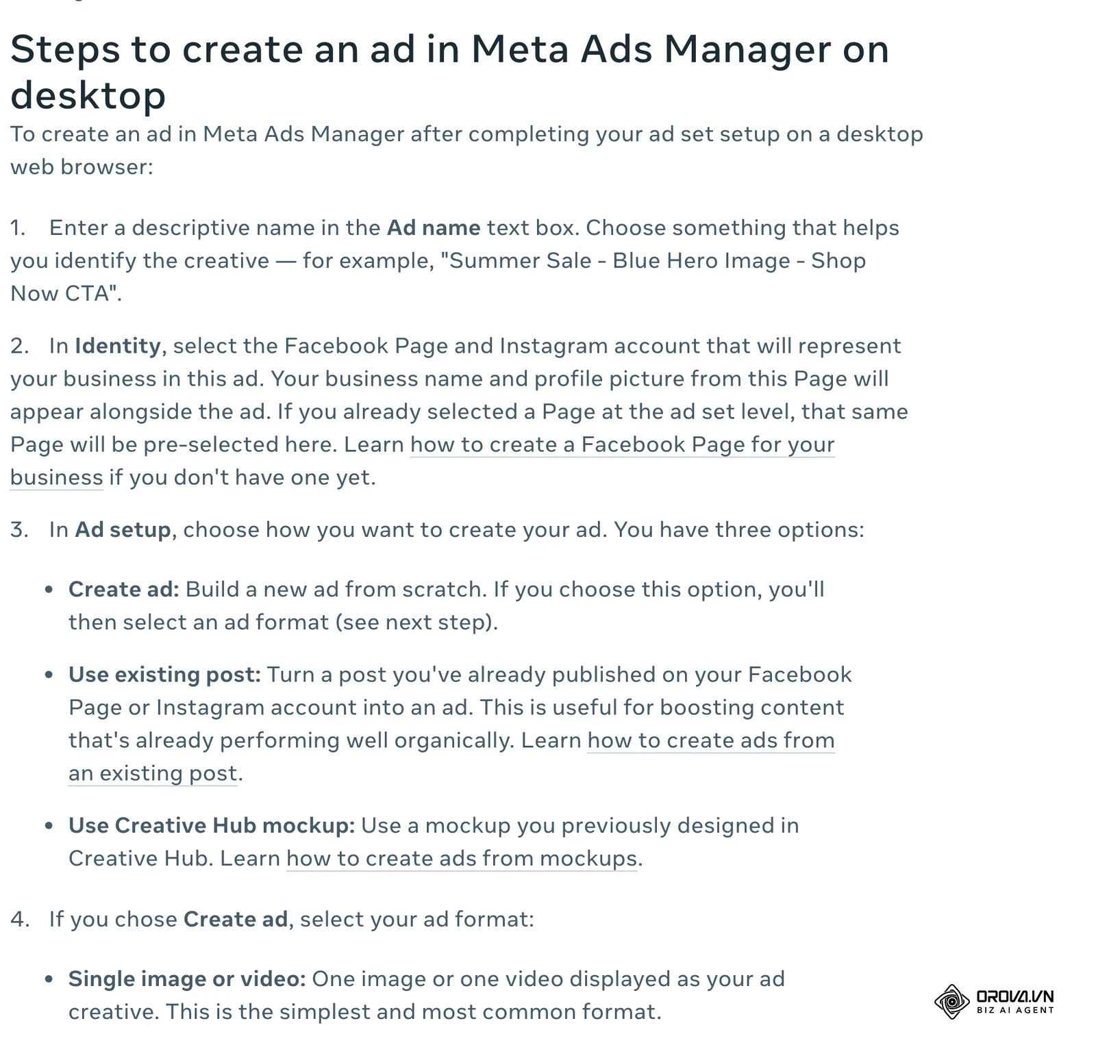 Meta centar za pomoć: koraci izrade oglasa – Ad name, Identity, Ad setup s opcijama Create ad, Use existing post i Use Creative Hub mockup.