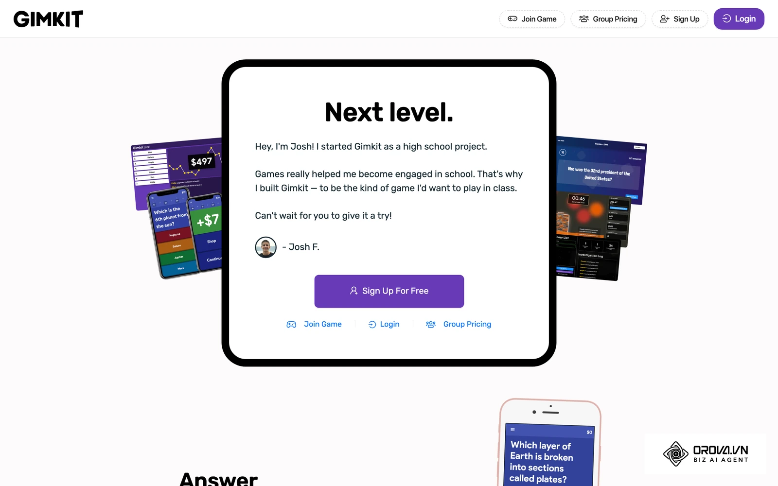 Gimkit 首頁,以多種遊戲模式與答題賺取虛擬貨幣的機制著稱。