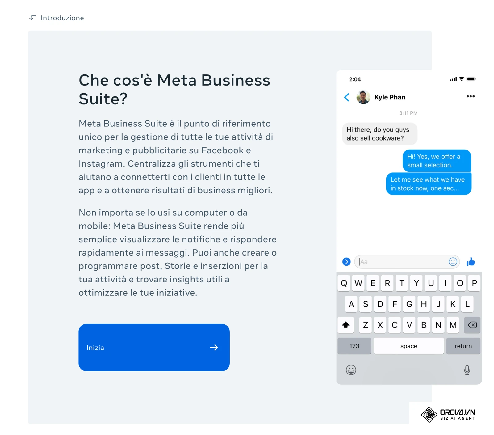 Pagina ufficiale di Meta Business Suite: descrizione dello strumento e posta in arrivo unificata su smartphone.