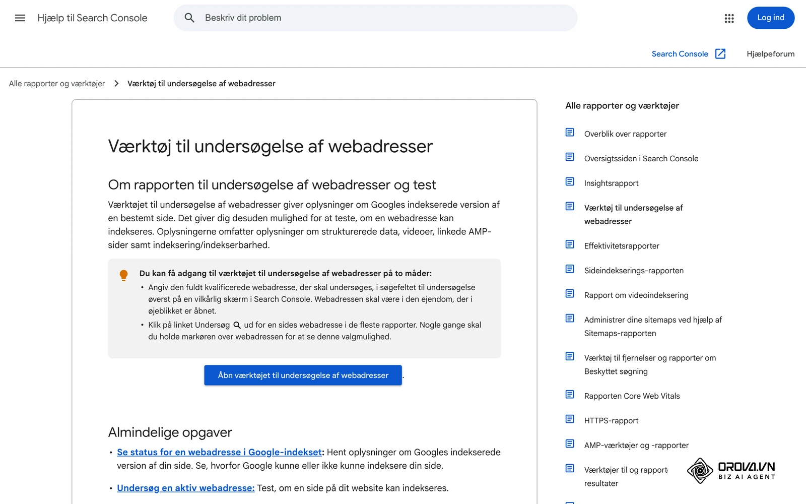 Googles hjælpeside om Værktøj til undersøgelse af webadresser (URL-inspektion), som viser indekseringsstatus og live-test for en enkelt URL.