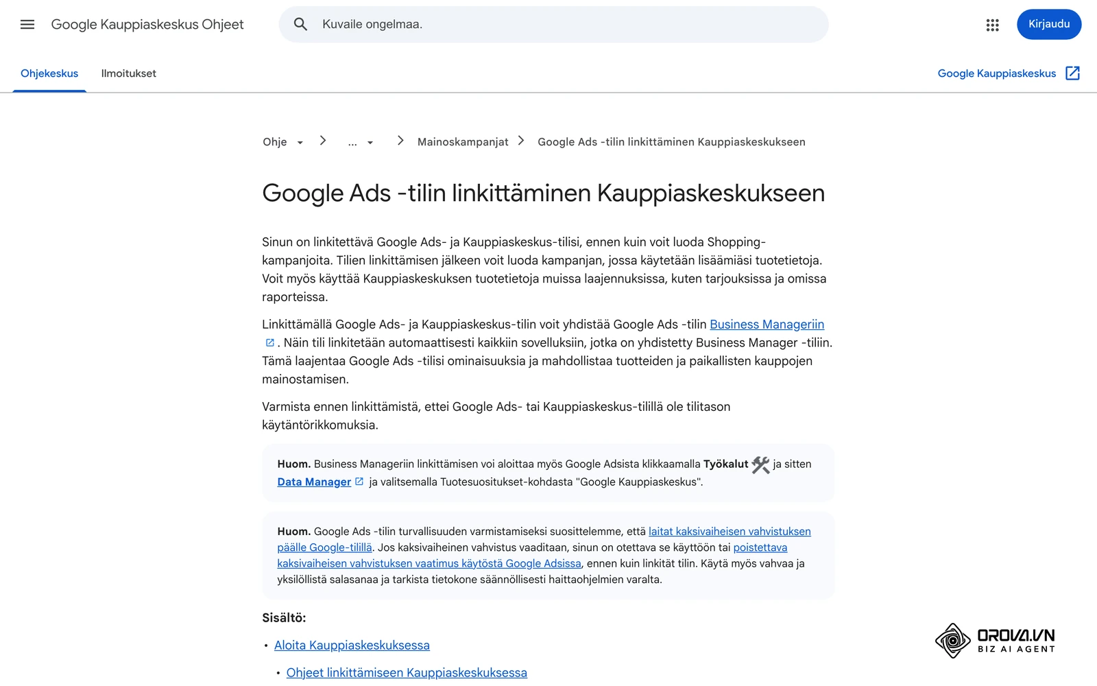 Kauppiaskeskus-ohje: Google Ads -tilin linkittäminen Kauppiaskeskukseen.