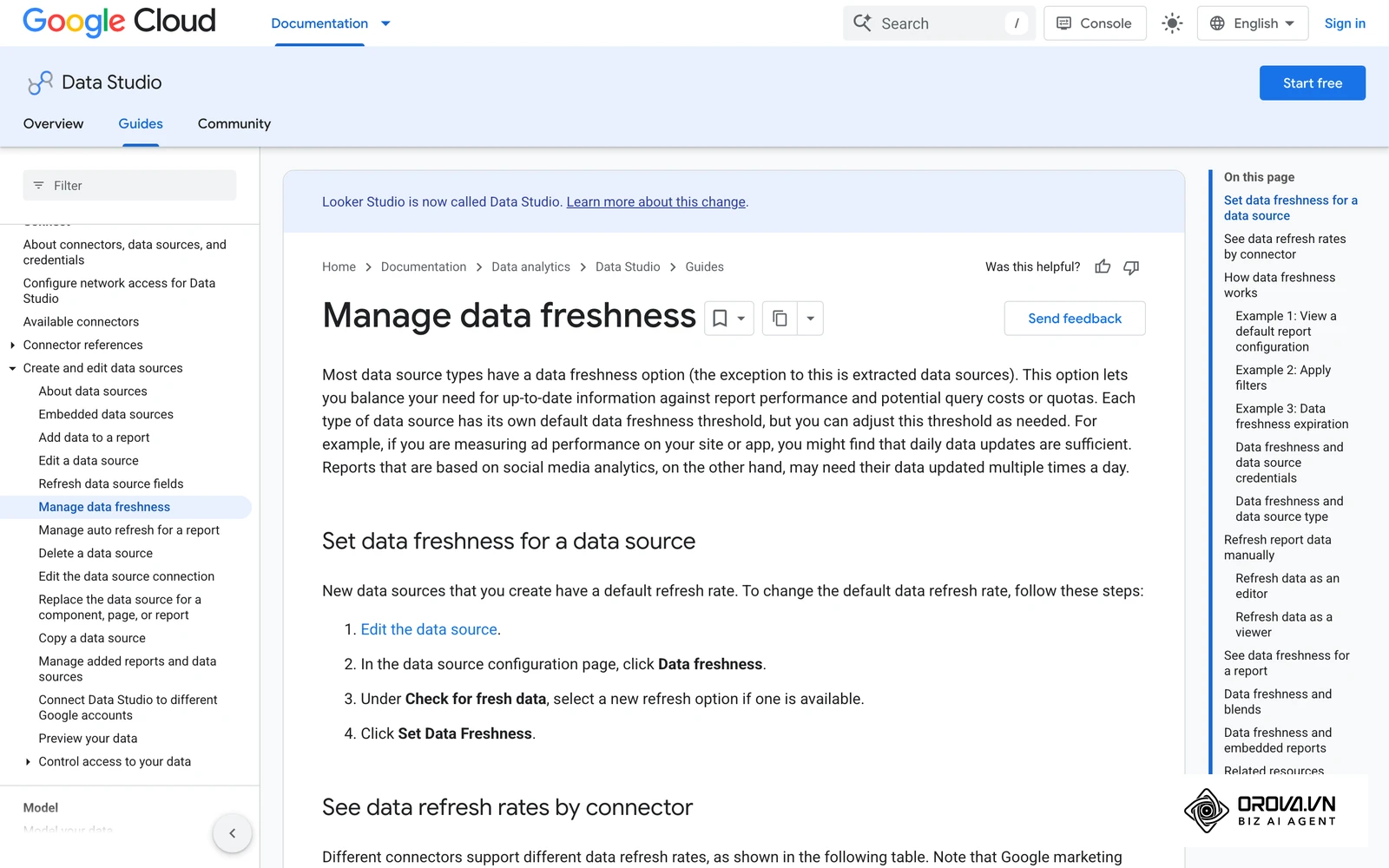 Google's help page listing data freshness options for each connector.