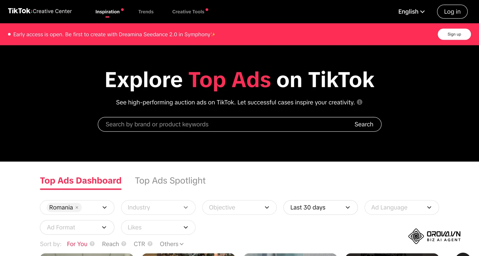 TikTok Creative Center (pagină oficială TikTok for Business): tabloul Top Ads cu filtre după țară, industrie, obiectiv și format, util pentru a vedea reclame video reale înainte de prima campanie.