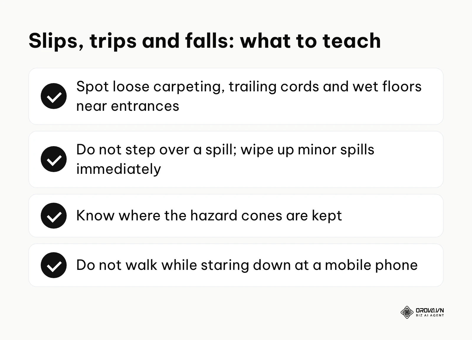 Checklist of office slip, trip and fall prevention training points.