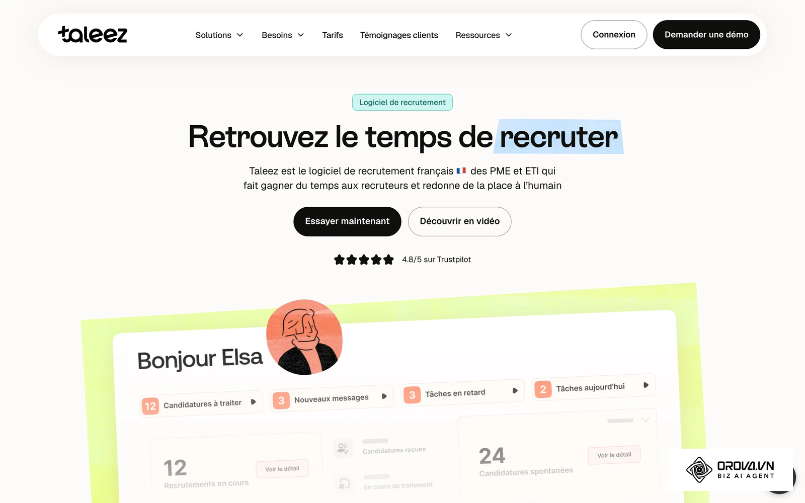 Tableau de bord du logiciel de recrutement Taleez : candidatures à traiter, recrutements en cours et candidatures spontanées.