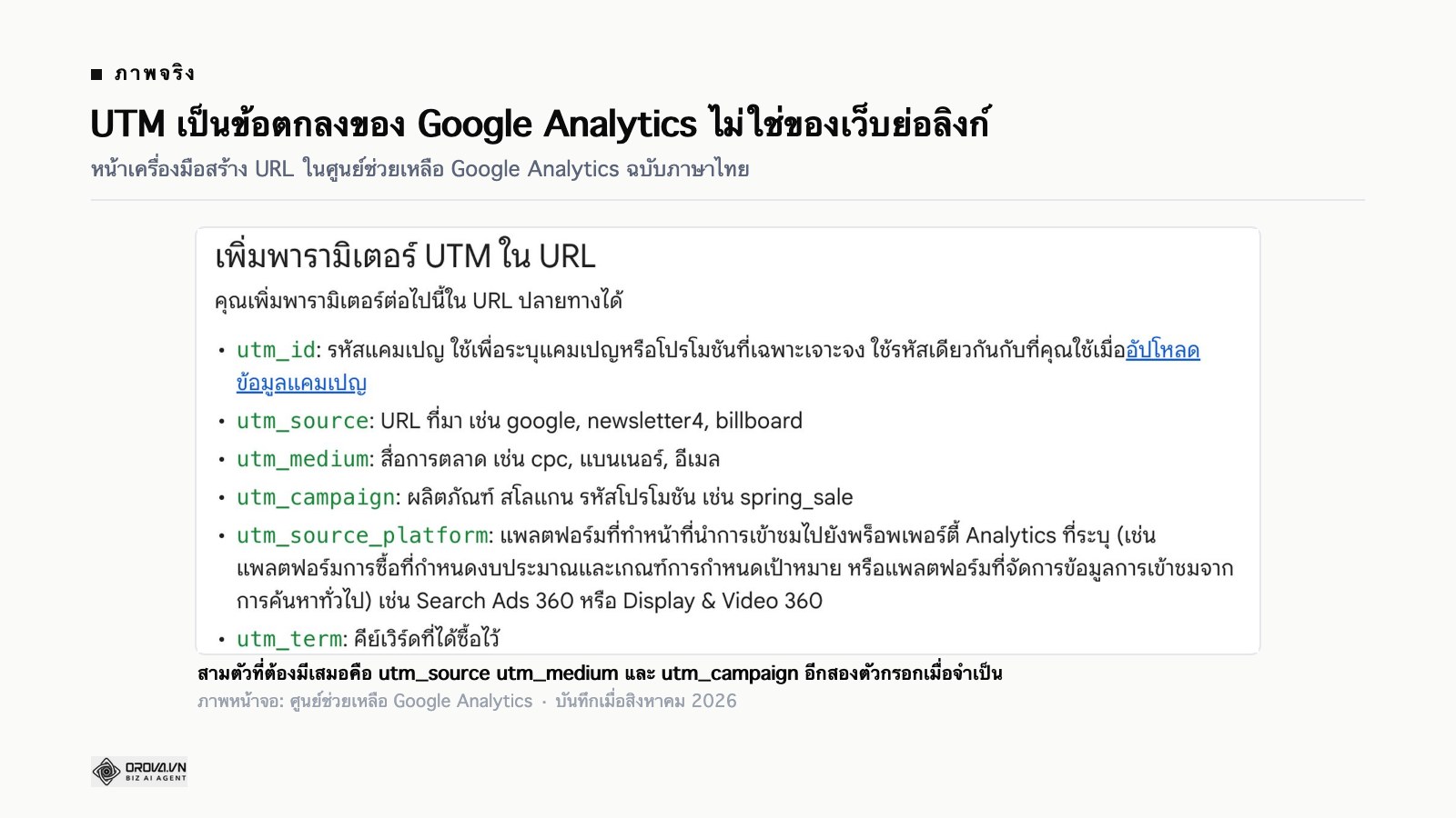 ภาพหน้าจอหน้าศูนย์ช่วยเหลือ Google Analytics ฉบับภาษาไทย เรื่องเครื่องมือสร้าง URL สำหรับรวบรวมข้อมูลแคมเปญ ซึ่งไล่รายชื่อพารามิเตอร์ utm_source utm_medium utm_campaign