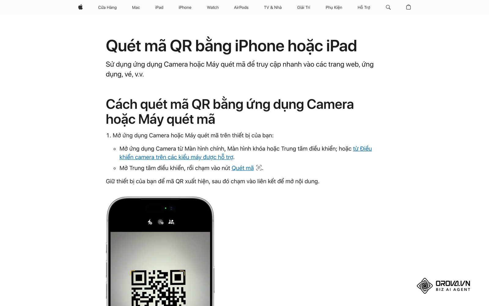 Trang hỗ trợ của Apple "Quét mã QR bằng iPhone hoặc iPad": cách quét bằng ứng dụng Camera, dùng để thử bản in danh thiếp trên iPhone.
