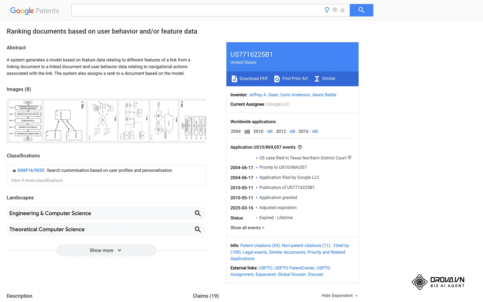 Fiche Google Patents du brevet US 7,716,225 à l'origine du modèle dit Reasonable Surfer.