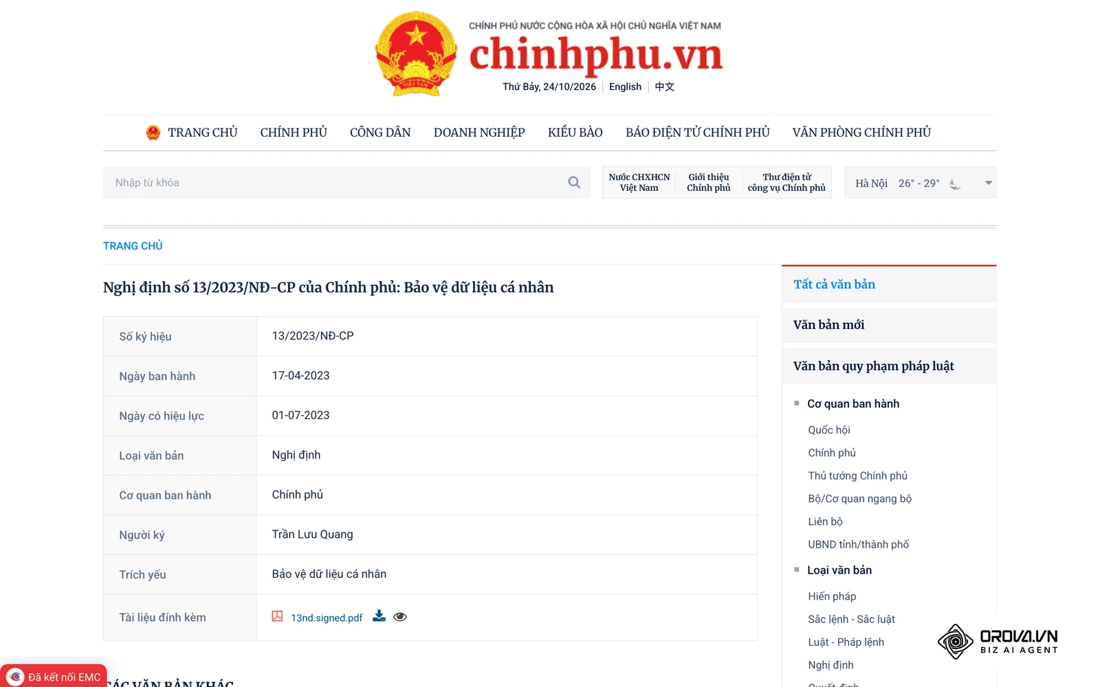 Trang văn bản Nghị định 13/2023/NĐ-CP về bảo vệ dữ liệu cá nhân trên Cổng thông tin điện tử Chính phủ.
