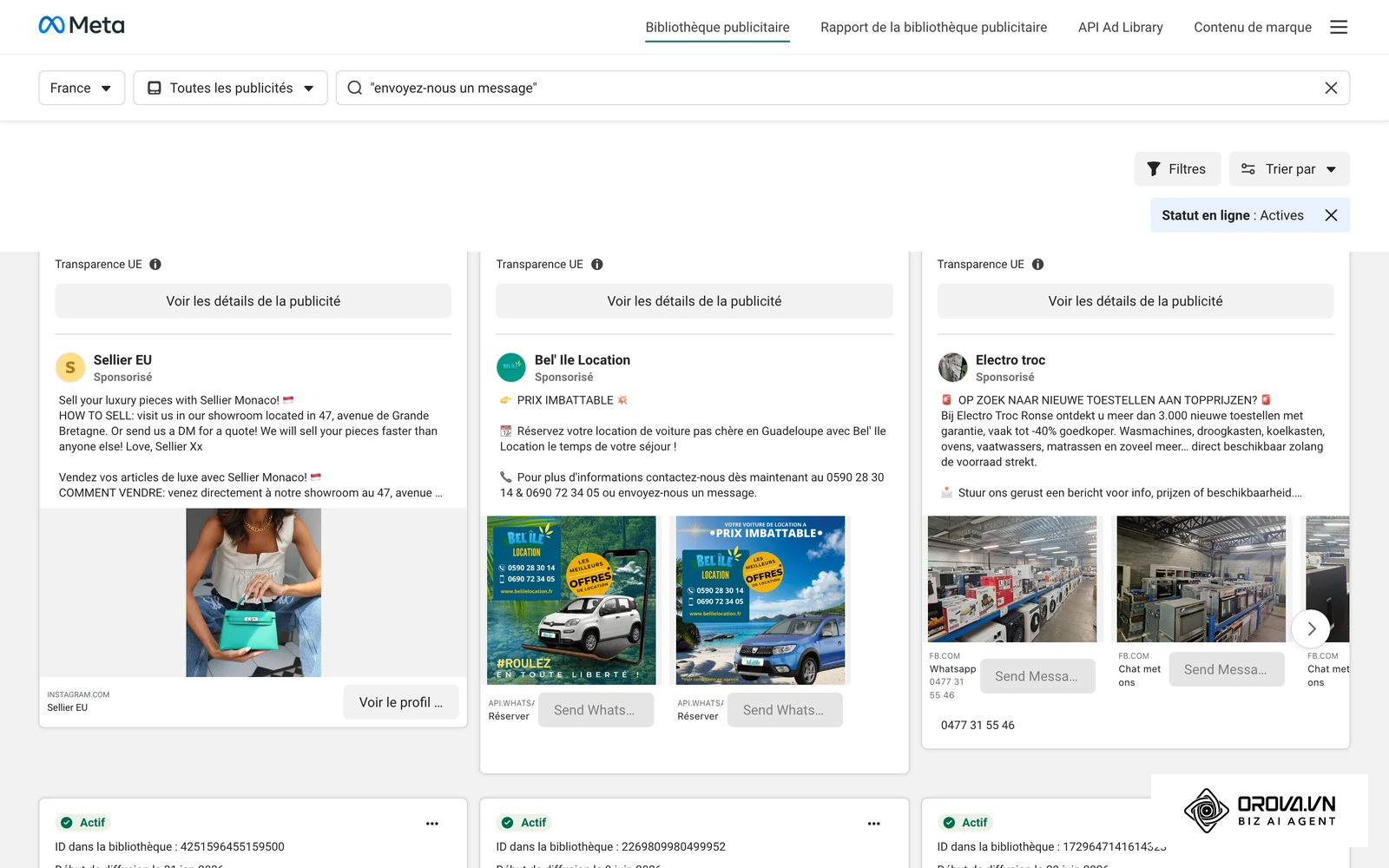 Bibliothèque publicitaire de Meta : annonces actives en France dont le texte invite à « envoyer un message », avec le bouton Send Message qui ouvre la conversation.