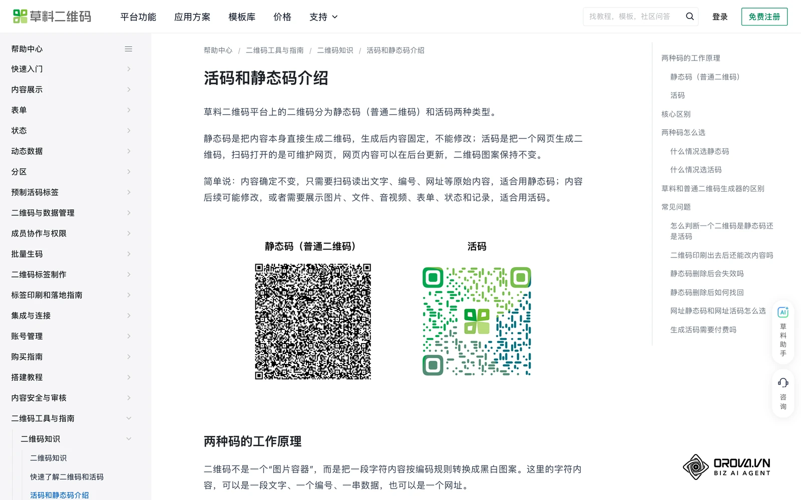 草料二维码帮助中心对静态码(普通二维码)与活码的对比说明:同样指向网页,静态码点阵明显更密