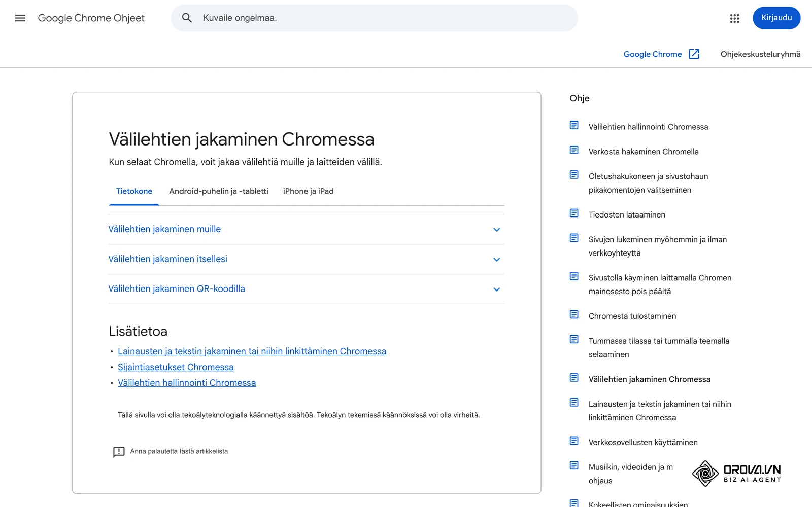 Googlen virallinen Chrome-ohje suomeksi: välilehden jakaminen QR-koodilla valikosta Lisää > Striimaa, tallenna ja jaa > Luo QR-koodi.