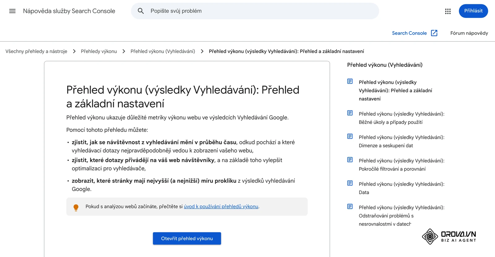 Oficiální Nápověda služby Search Console v češtině: přehled výkonu (výsledky Vyhledávání) – kliknutí, zobrazení, CTR a průměrná pozice.