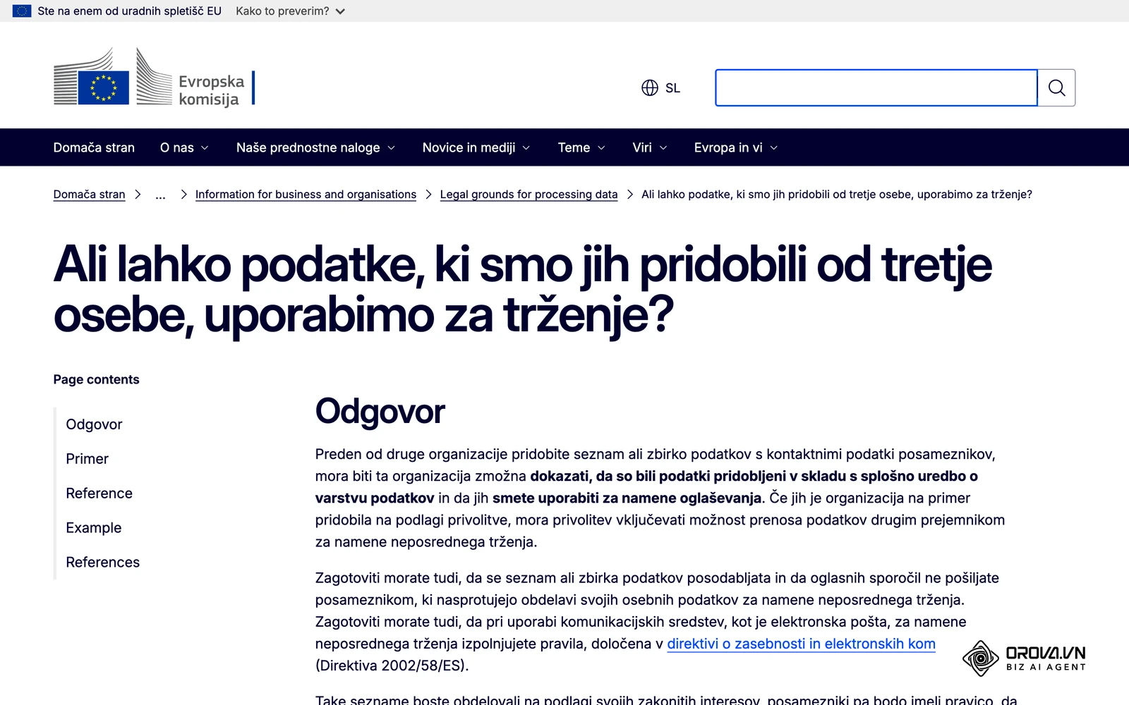 Stran Evropske komisije v slovenščini o tem, ali lahko podatke, pridobljene od tretje osebe, uporabite za trženje.