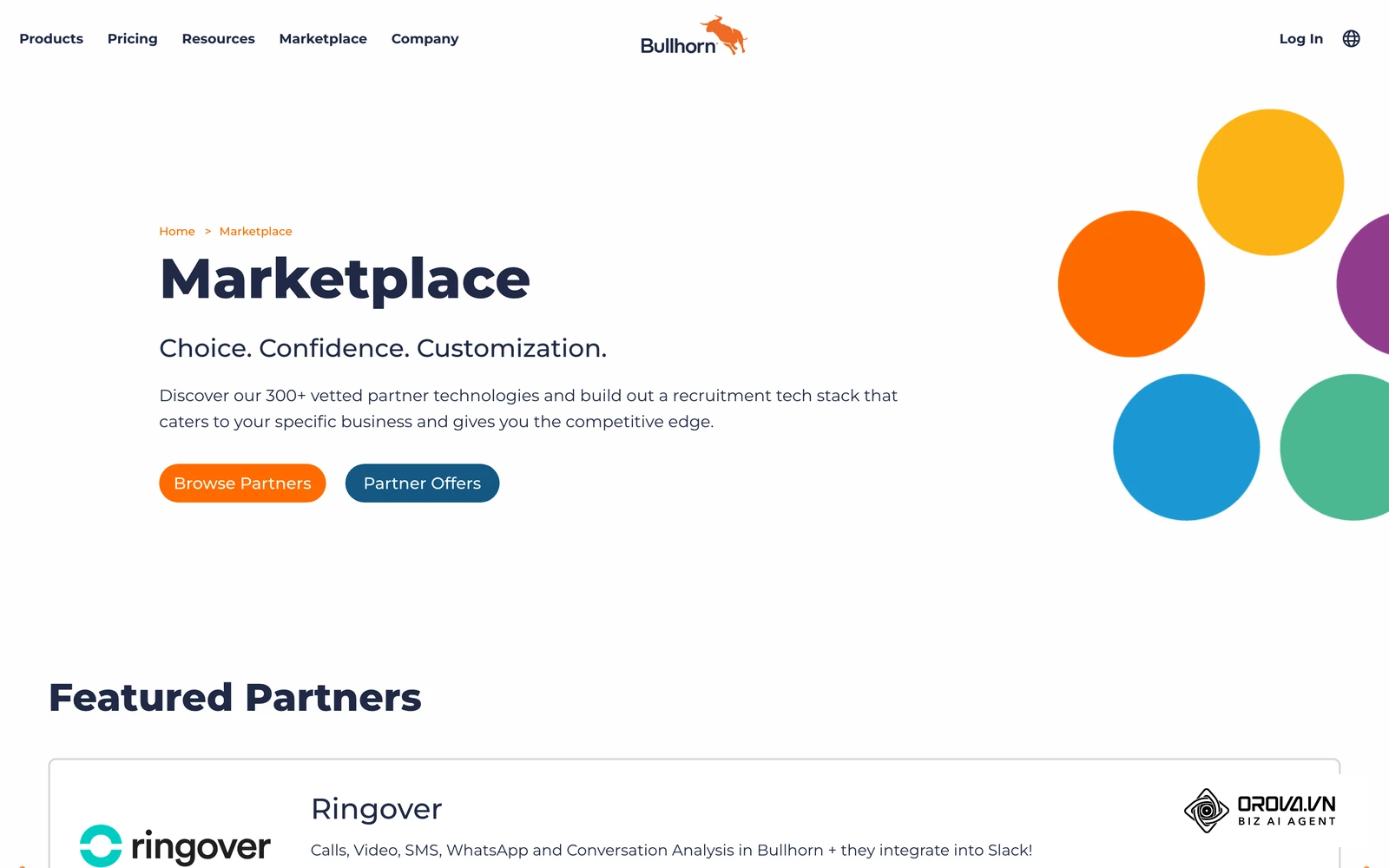 Bullhorn's official marketplace page, where agencies browse integration partners.