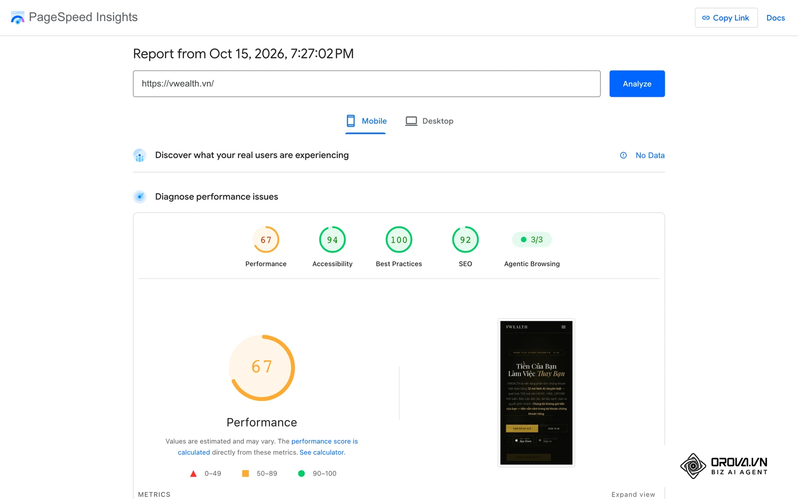 Real PageSpeed Insights mobile report for vwealth.vn: Performance 67, Accessibility 94, Best Practices 100, SEO 92; real-user field data shows No Data.