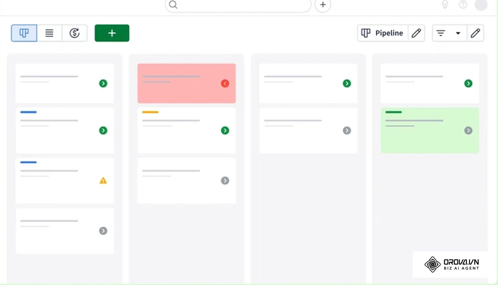 A kanban-style deal pipeline board (product page screenshot, branding blurred)