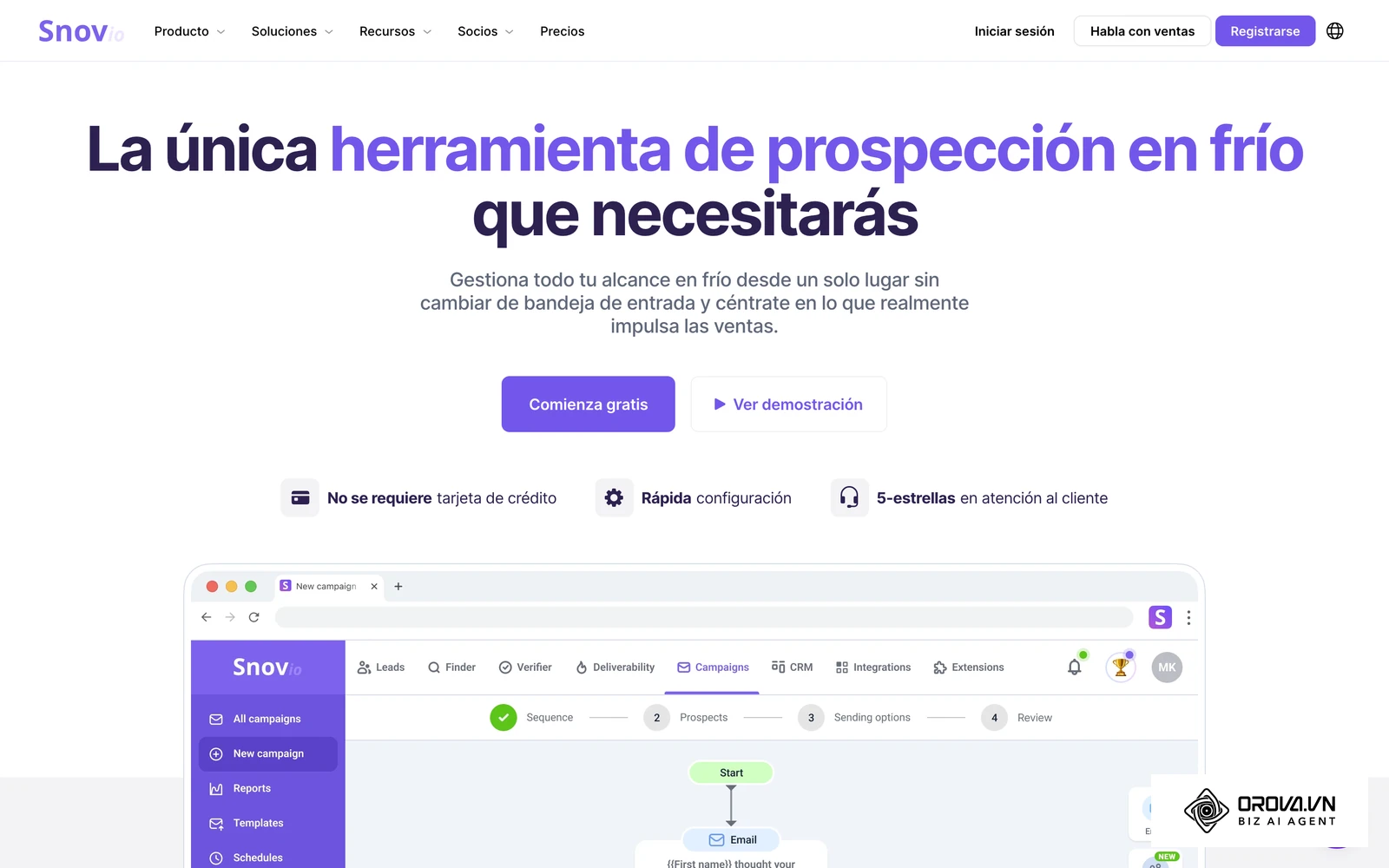 Página de campañas de prospección en frío de Snov.io; en la parte inferior se ve el editor de secuencias (correo inicial y seguimientos).