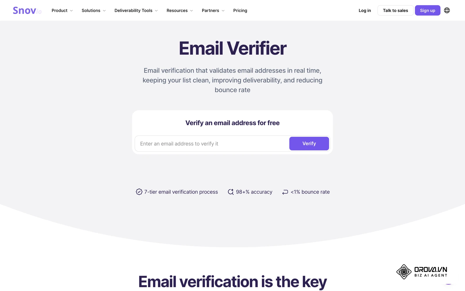 Snov.io's Email Verifier page, a secondary verification step teams use for addresses the first tool could not confirm.