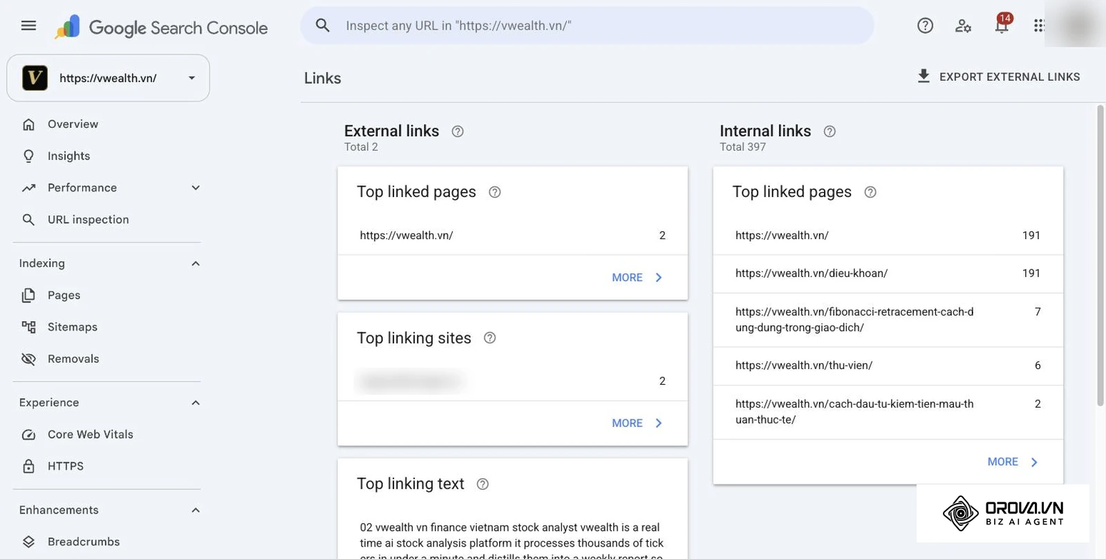 របាយការណ៍ Links ក្នុង Google Search Console របស់ vwealth.vn បង្ហាញ Internal links សរុប ៣៩៧ និងទំព័រដែលទទួលតំណផ្ទៃក្នុងច្រើនជាងគេ