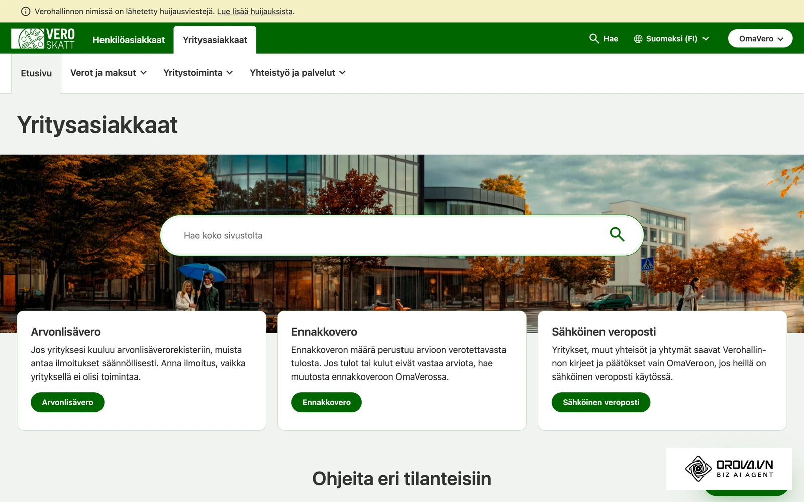 Verohallinnon yrityksille suunnattu ohjeosio, josta tarkistat kulujen ajantasaisen verokohtelun.
