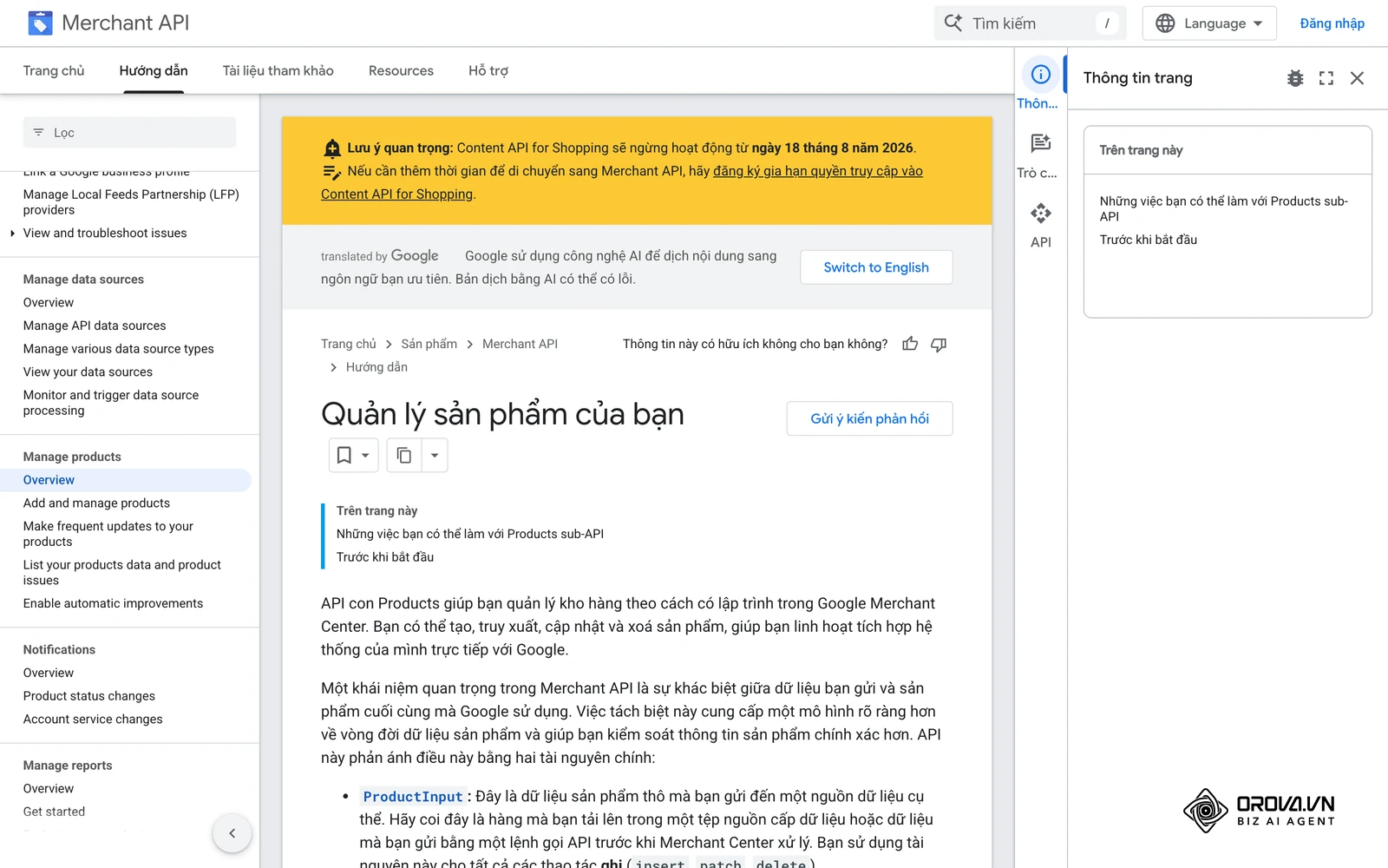 Tài liệu Merchant API của Google về quản lý sản phẩm: mỗi sản phẩm là một dòng dữ liệu với các thuộc tính như mã, tên, giá, tình trạng kho.