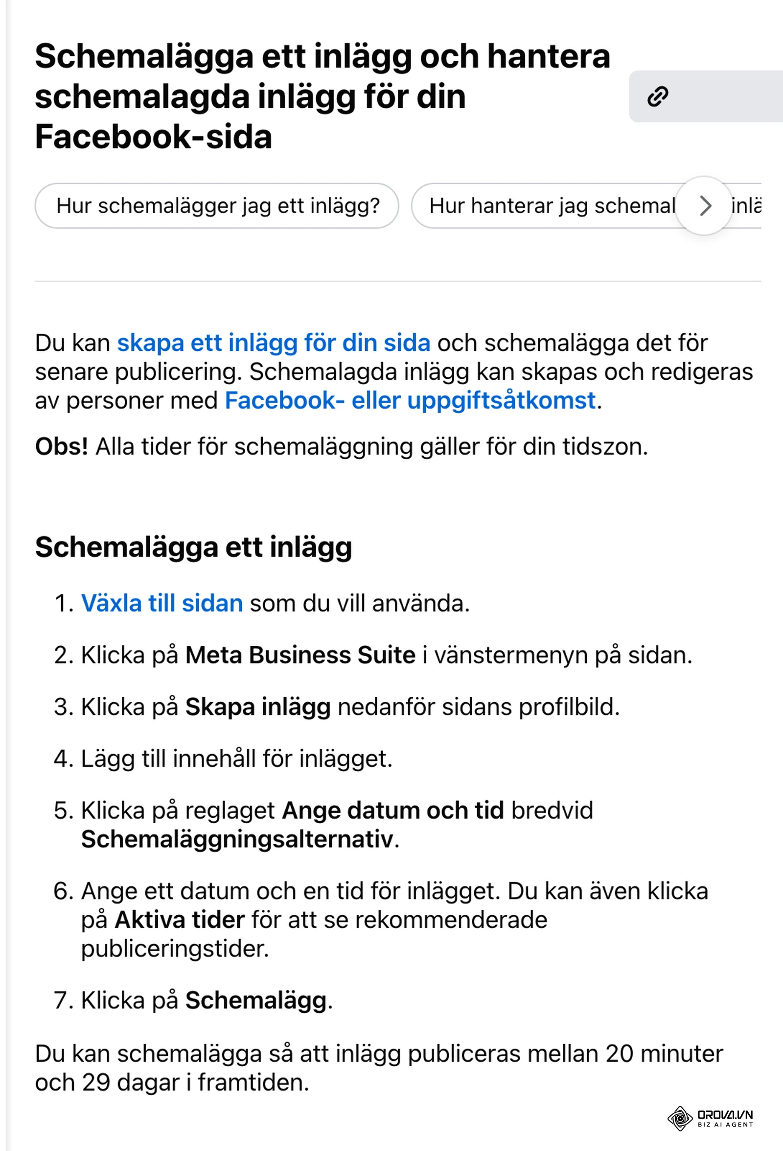 Facebooks hjälpcenter på svenska: Schemalägga ett inlägg och hantera schemalagda inlägg för din Facebook-sida, med stegen Växla till sidan, Meta Business Suite, Skapa inlägg, Ange datum och tid, Aktiva tider och Schemalägg samt fönstret 20 minuter till 29 dagar.