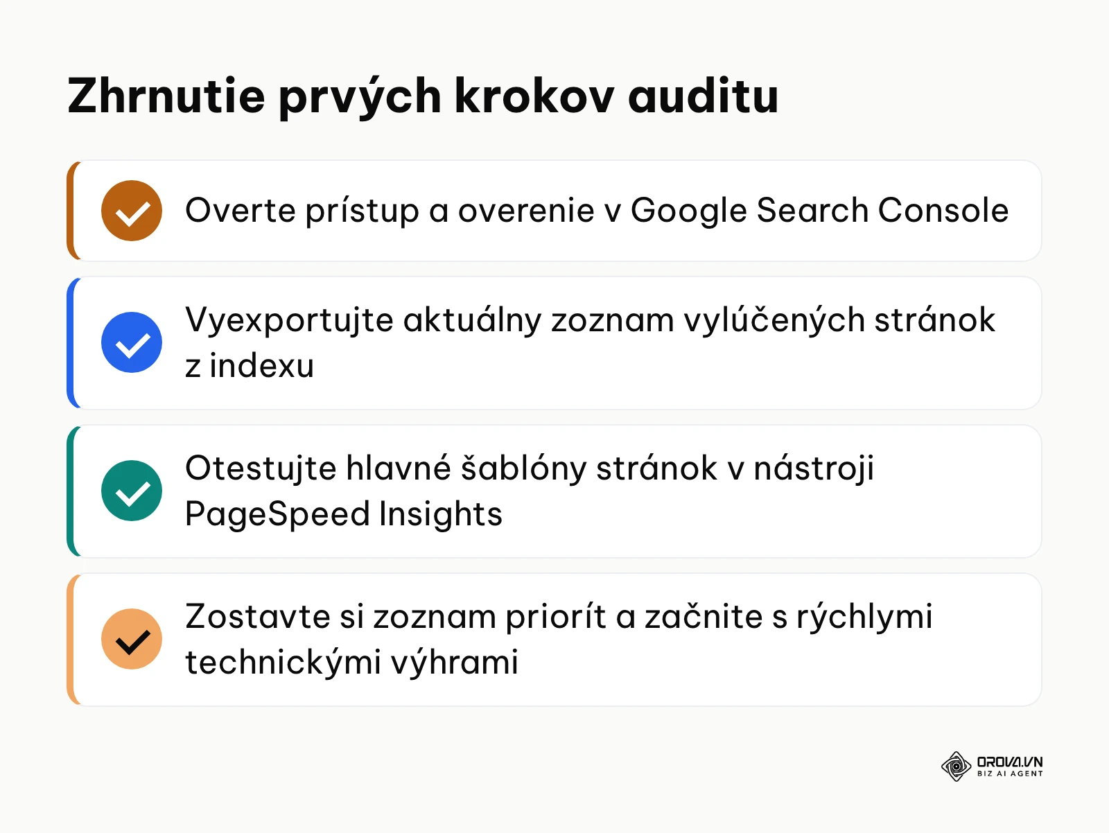 Zoznam štyroch okamžitých akčných krokov na začatie technickej kontroly webu.