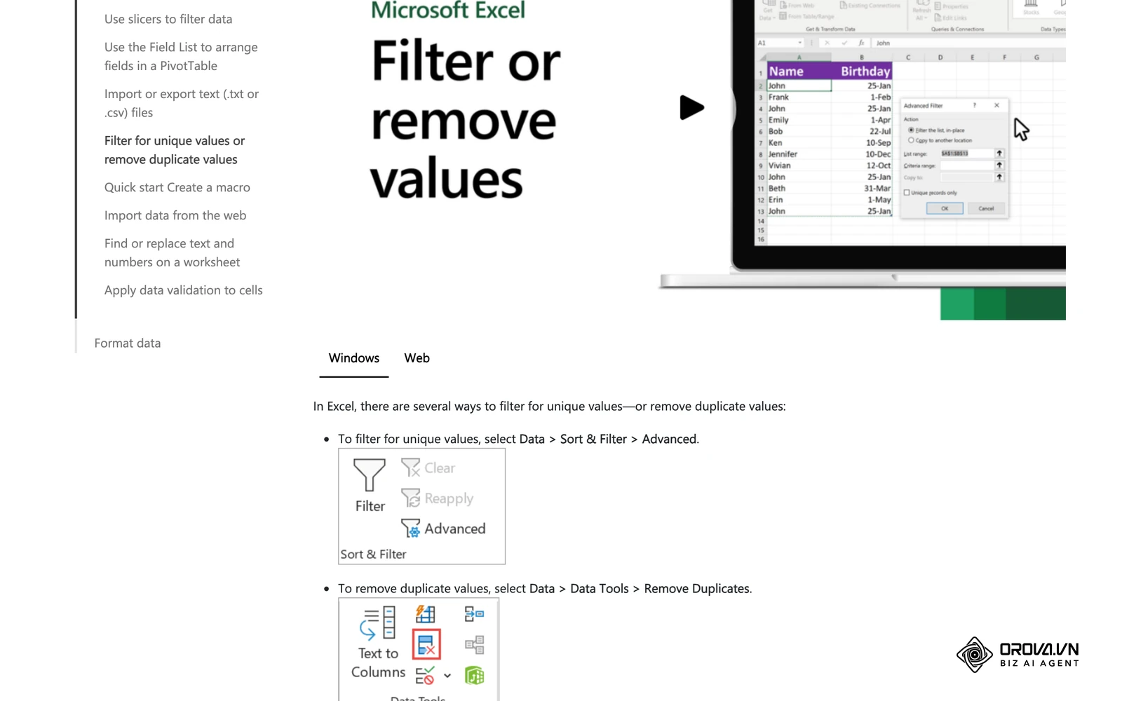 Microsoft Support page for Excel showing a list with repeated names and the Data > Data Tools > Remove Duplicates command.