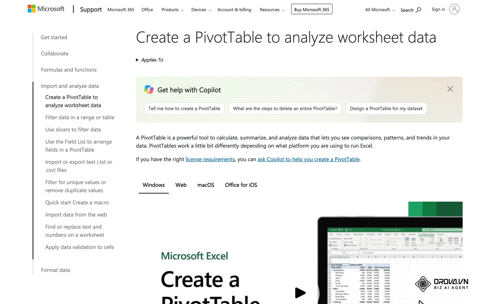 ការណែនាំផ្លូវការរបស់ Microsoft អំពីការបង្កើត PivotTable ដើម្បីវិភាគទិន្នន័យក្នុងសន្លឹកកិច្ចការ